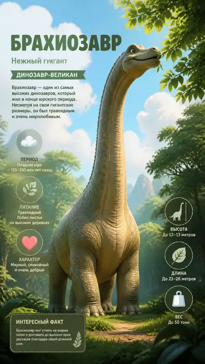 Cute Pixar style brachiosaurus dinosaur infographic