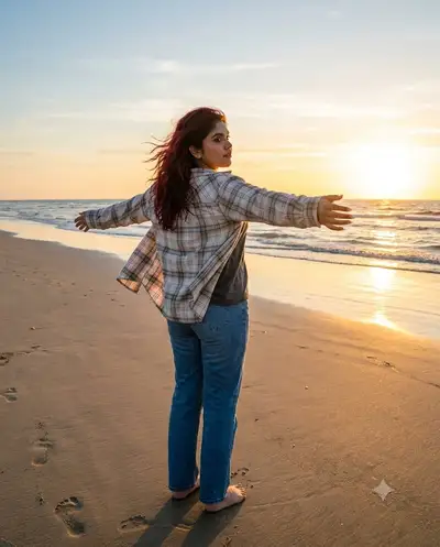 Nostalgic Beach Portrait with Open Arms