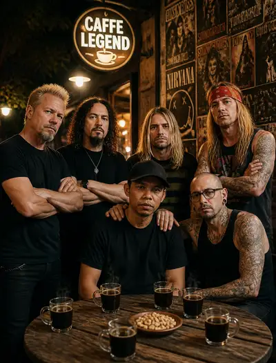Photorealistic cafe portrait with 90s rock legends