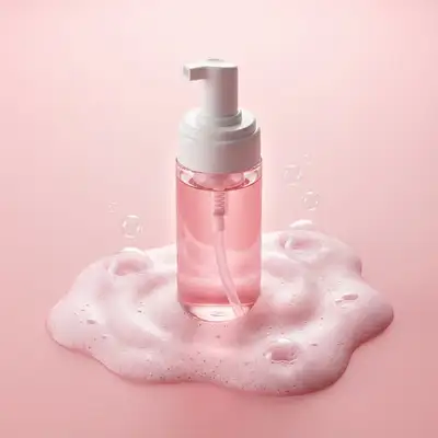Minimalist Pink Skincare Bottle in Foamy Bubbles