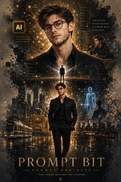 Kinoreifes KI-Themen-Filmposter in einer futuristischen Stadt