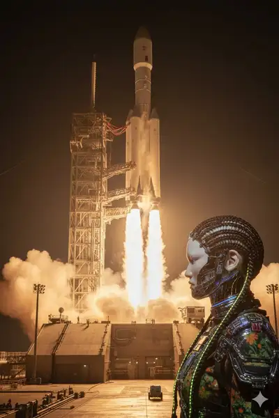 Zukünftige Cyborg-Frau beim NASA-Raketenstart