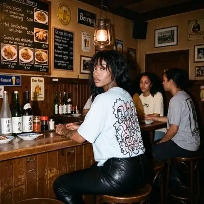 Low Angle Shot of Woman in Cozy Pub