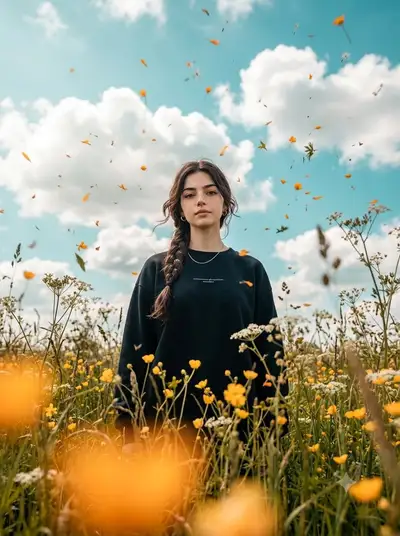 Portrait en contre-plongée dans un champ de fleurs sauvages avec pétales flottants