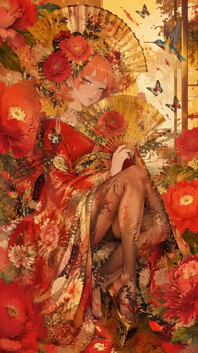 Ukiyo-e anime illustration of a lady among red peonies