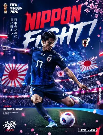 Japan World Cup 2026 fan poster with rising sun banners