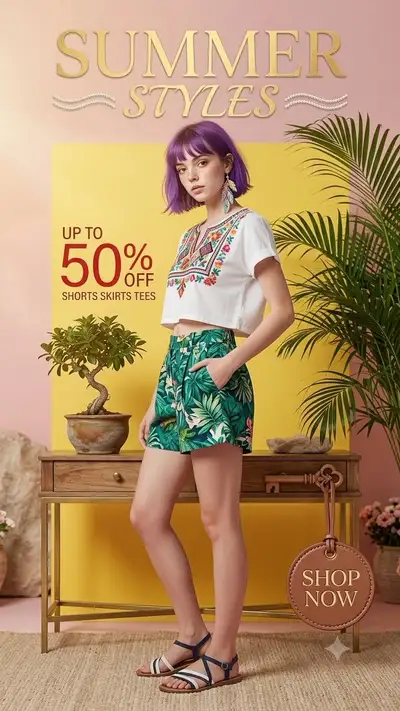 Sommer-Mode-Editorial mit eingebundenem Sale-Banner