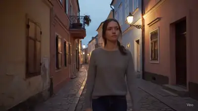Cinematic tracking shot of woman in Hungarian town