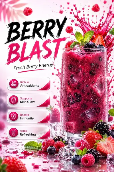 Póster publicitario de batido explosivo de frutos rojos mixtos