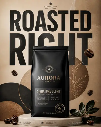 Premium commercial poster of a matte-black luxury coffee bag