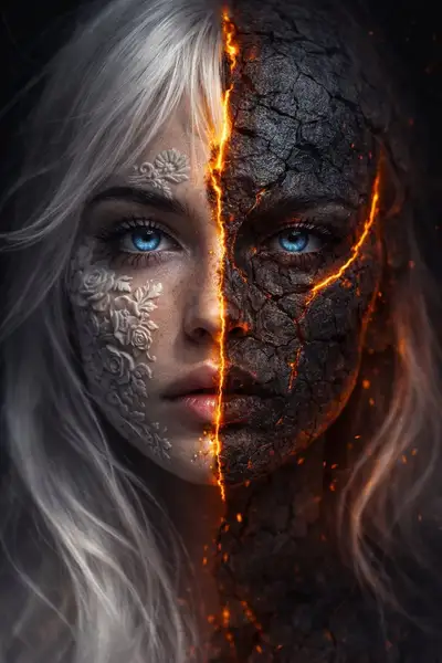 Hyper-realistic split-face marble and volcanic portrait