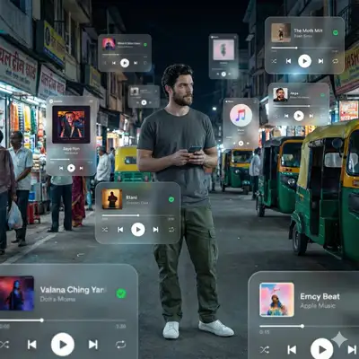 Cartes de lecteur de musique AR flottant autour d'un portrait de marché de rue nocturne