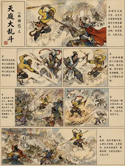 Traditional Chinese comic strip of Sun Wukong's heavenly palace battle
