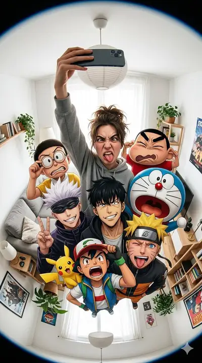 Ultra-realistic fisheye selfie with anime characters