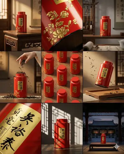 3x3 storyboard grid for red tea tin brand campaign