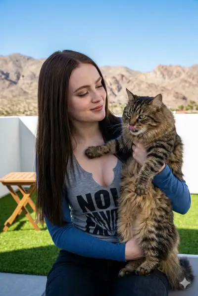 Photorealistic Woman with Cat on Patio