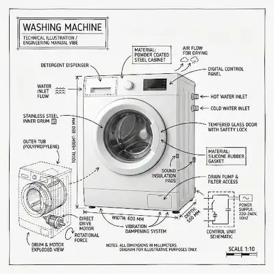 Technical infographic teardown of a washing machine