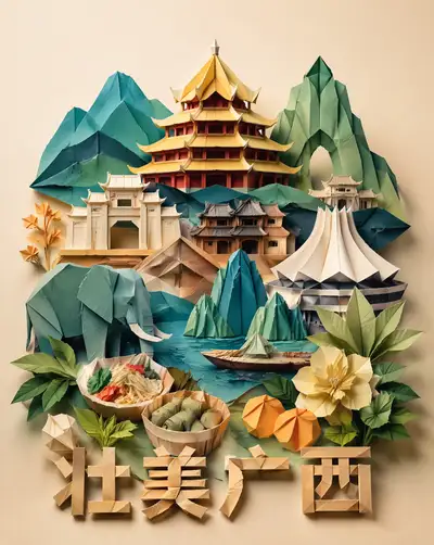 Origami-style illustration of Guangxi landmarks and culture