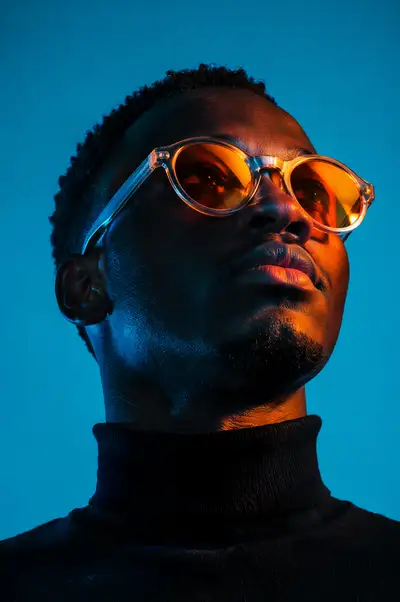 Neon lit low angle cyberpunk portrait