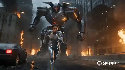 Guerrière contre robot géant dans une ville en ruines, vidéo d'action