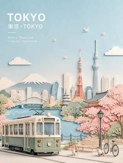 Paper-Cut City Travel Poster Illustration