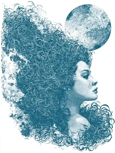 Halbton-Lithografie-Profilporträt mit himmlischem Mond