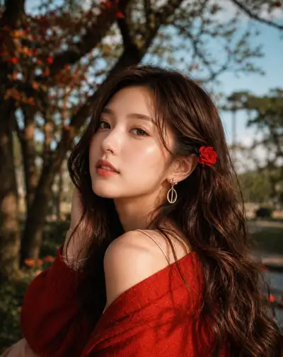 Golden-hour portrait beneath a blooming tree with dappled light