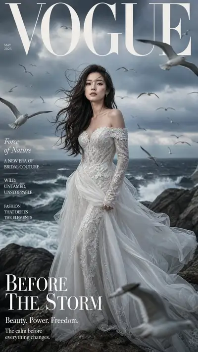 High-fashion magazine cover of a bride on a stormy coastal cliff