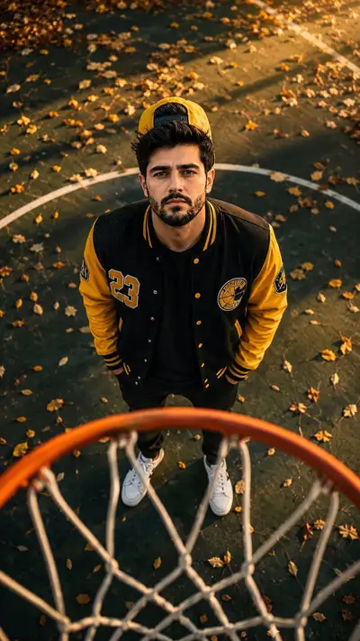 Cinematic Basketball Court Portrait via Hoop