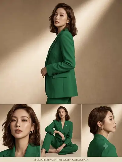 Emerald Suit Fashion Collage Prompt