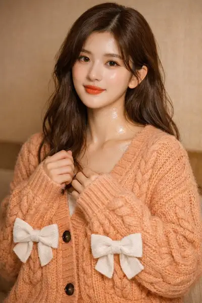 Cozy chic soft-girl portrait in a peach cardigan