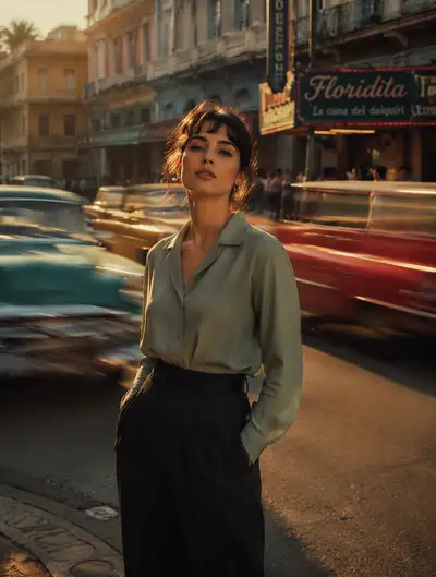 Retro street portrait with motion-blurred vintage cars