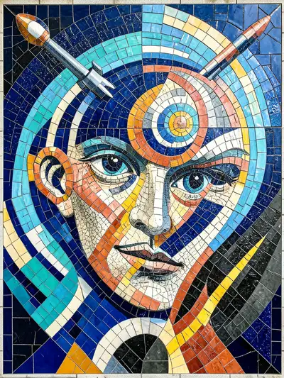 Ceramic mosaic mural transformation in Soviet space-age style