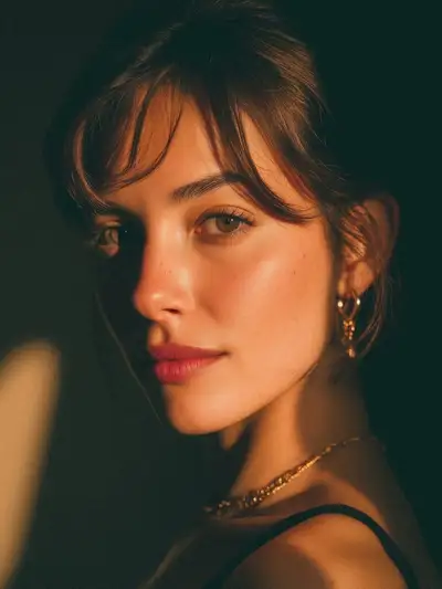 Ultra-realistic golden-hour editorial close-up beauty portrait