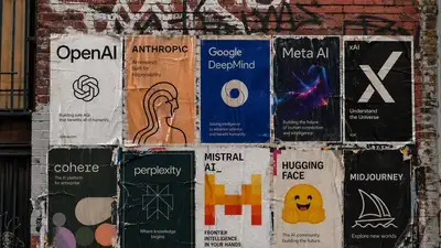Wheatpaste poster wall of AI lab posters on a San Francisco brick wall