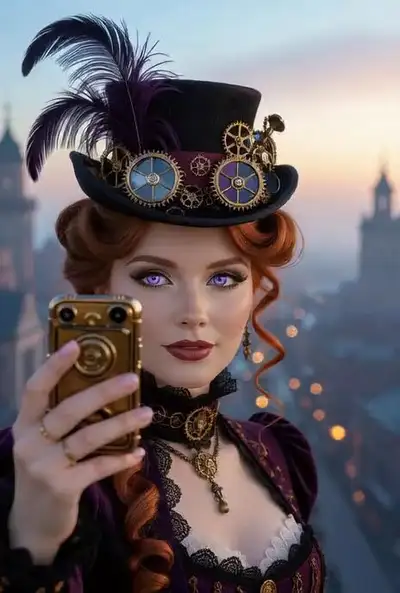 Viktorianische Steampunk-Frau macht ein Selfie in einer futuristischen Stadt