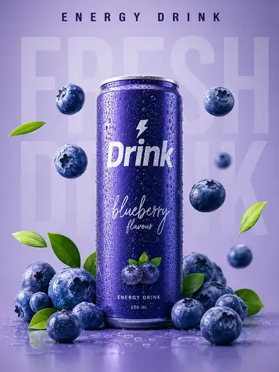 Blueberry energy drink can advertisement poster