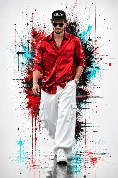 Jeune Homme Élégant en Chemise de Satin Rouge avec Fond d'Art Splash