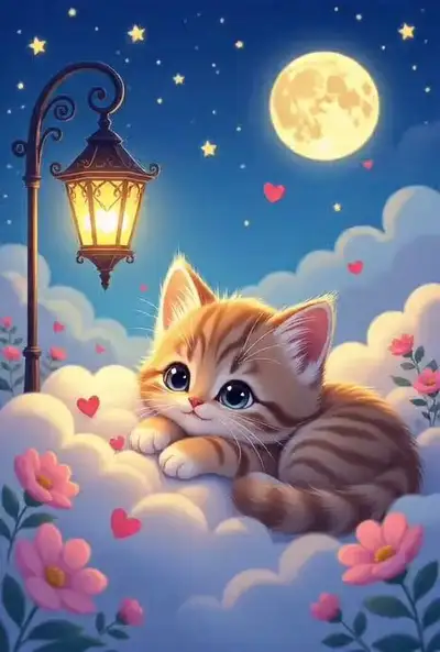Cute Animated Kitten on Cloud