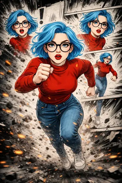 Manga-Actionheld läuft auf die Kamera zu, Comic-Panel-Hintergrund
