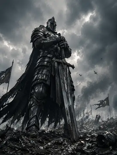 Battle-worn gothic knight portrait with a giant broadsword
