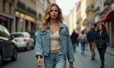 Character in denim walking through busy street