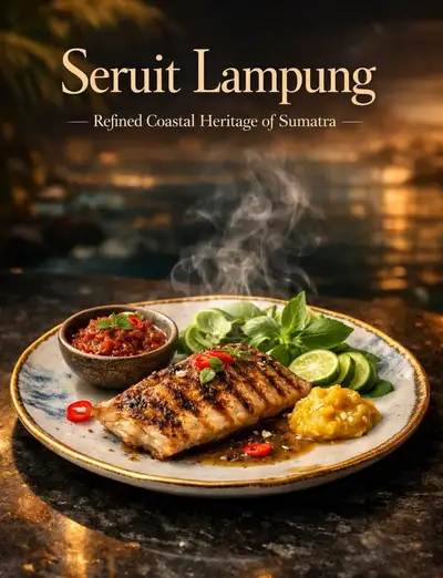 Luxury cinematic food photography of grilled Seruit Lampung fish