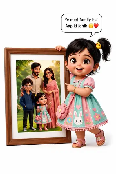 3D Pixar-style girl pointing at a family portrait