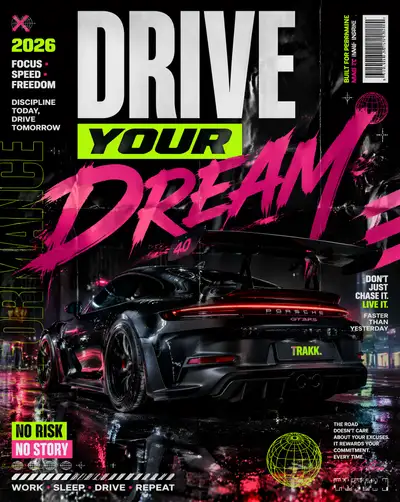 Neon streetwear poster with a black Porsche 911 GT3 RS