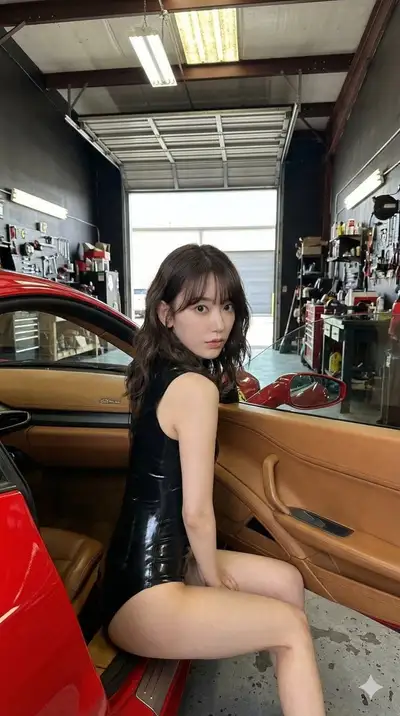 Candid Garage Portrait Beside a Red Sports Car