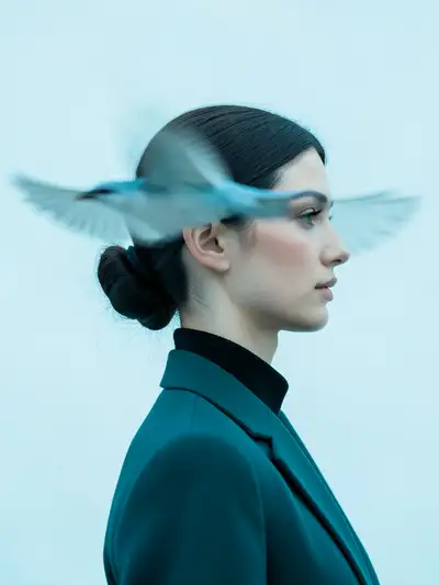 Surrealist Fashion Editorial Portrait with Motion-Blurred Bird