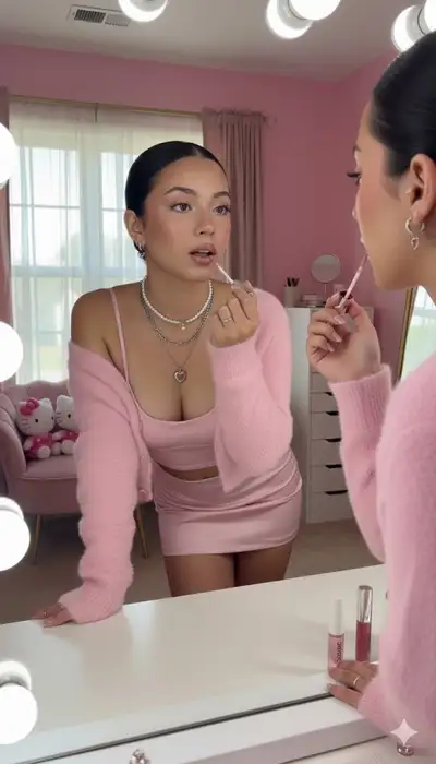 Selfie "Get Ready With Me" au miroir de coiffeuse avec gloss
