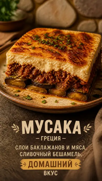 Greek moussaka food poster with rustic Cyrillic caption
