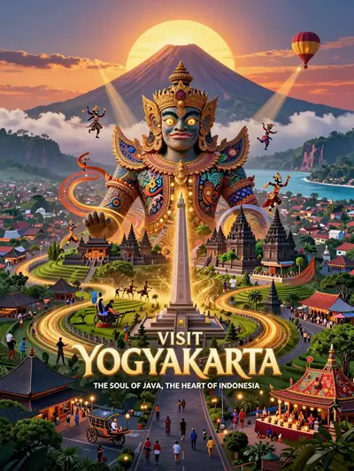 Yogyakarta tourism poster with colossal cultural guardian figure